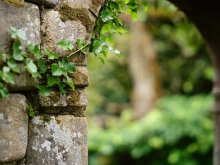 Ivy climbing old stone wall with blurred green background