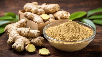 Fresh Ginger Roots and Powder on Wooden Table with Natural Background