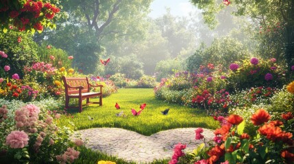 Obraz premium Vibrant Flower Garden with Wooden Bench and Heart Shaped Path