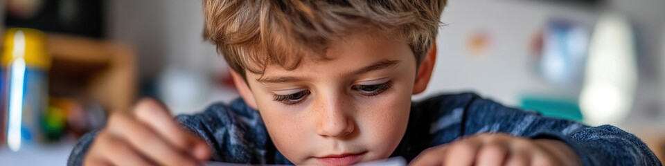Fototapeta premium Young Boy Concentrating on Activity at Table