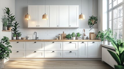 Modern Kitchen Design With Abundant Greenery And White Cabinets