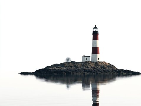Isolated lighthouse on a rocky island with a reflection in calm waters