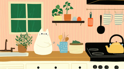 chubby cat cooking in cozy kitchen filled with plants and utensils