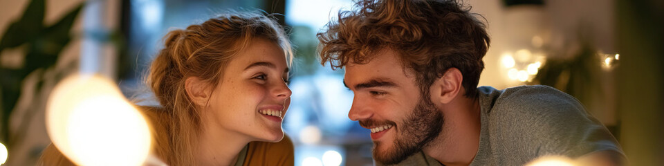 Fototapeta premium Young Couple Portrait: Indoor Setting with Warm Lighting