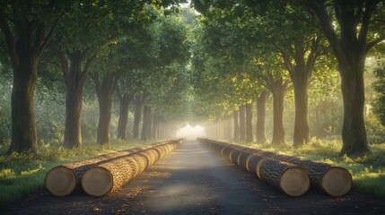 Peaceful Forest Pathway with Timber Logs and Sunlight Filter