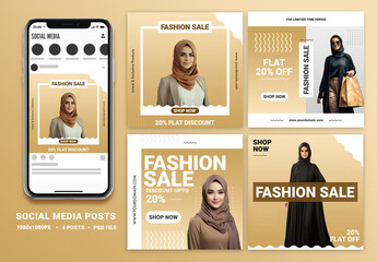 Hijab Fashion Sale Social Media Square Posts Set with Smartphone Mockup for Advertisement.