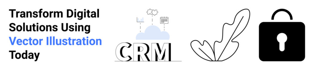 CRM text near cloud for data management, leaf for eco themes, padlock for security. Ideal for business transformation, CRM adoption, data security, cloud tech, sustainability, productivity flat