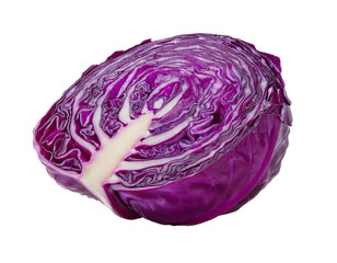 Obraz premium fresh half-cut purple cabbage on isolated background, vibrant red cabbage vegetable with intricate layers, organic healthy food rich in antioxidants and vitamins 