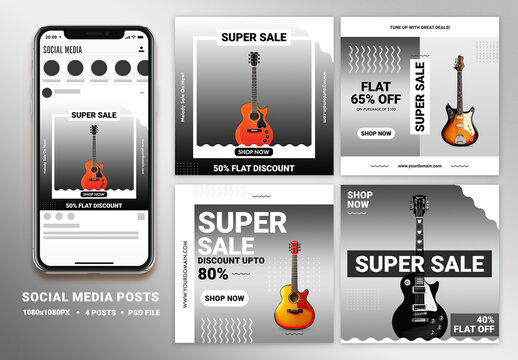 Social Media Square Posts Set with Smartphone Mockup for Guitar Sale.