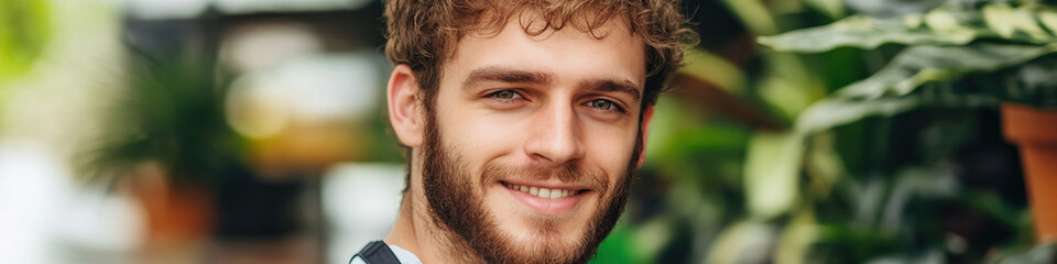 Fototapeta premium Portrait of Smiling Young Man with Blond Hair and Beard, Green Plants in Background