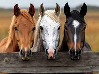 Three horses looking over a wooden fence in a field