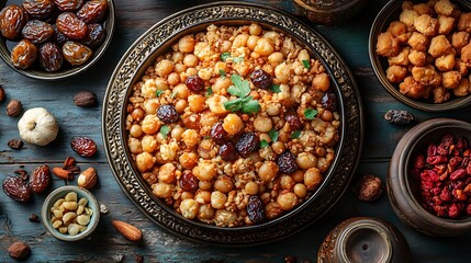 A top view of a traditional festive table showcasing an elegant dish filled with sweets and dates
