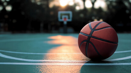 夕暮れのバスケットボールコートとボール