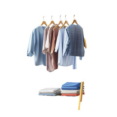 Stylish Clothing Display Shirts, Blouses, Stacked Fabrics, Wooden Hangers
