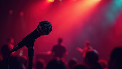 Obraz premium Classic microphone close-up, concert backdrop, shiny, vintage