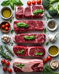 Raw Beef Steaks with Herbs and Vegetables