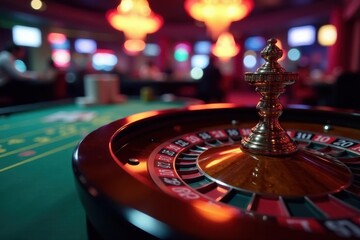 Close-up of roulette and card tables in dimly lit casino , cards, interior, intense