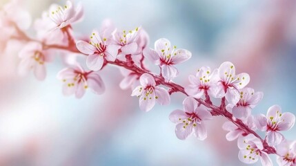 Obraz premium Delicate Pink Blossom Branch with Soft Blue Background