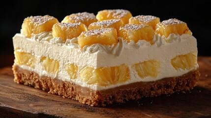 Delicious layered pineapple dessert with cream and biscuit base on wooden table