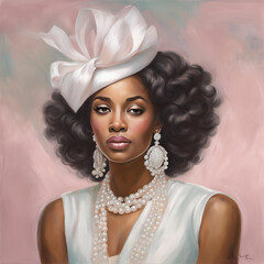 Bridgerton, Regal Era, Beautiful African American Painting, Alpha Kappa Alpha Inspired, Black Girl Art, Black Woman Art, Black Woman Portrait, Sorority, Pearls, Ivy Leaf, Pretty in Pink