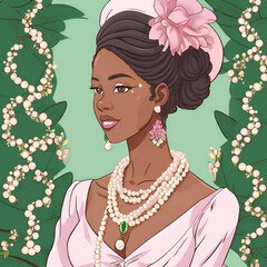 Black Anime, Bridgerton, Regal Era, Beautiful African American Princess, Alpha Kappa Alpha Inspired, Black Girl Art, Black Woman Art, Sorority, Pearls, Ivy Leaf, Pretty in Pink