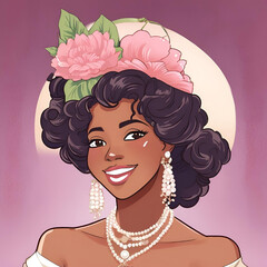 Sorority Member, Bridgerton, Regal Era, Beautiful African American Princess, Alpha Kappa Alpha Inspired, Black Girl Art, Black Woman Art, Sorority, Pearls, Ivy Leaf, Pretty in Pink