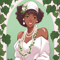 Beautiful African American Princess, Alpha Kappa Alpha Inspired, Black Girl Art, Black Woman Art, Sorority, Pearls, Ivy Leaf, Pretty in Pink