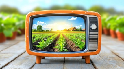 Vintage Television Showing Beautiful Green Agricultural Landscape