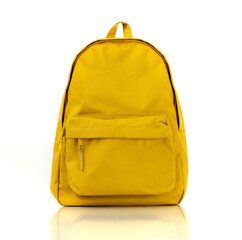Yellow backpack cutout single object, schoolbag isolated. Nobody.