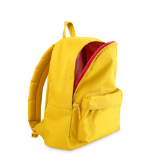 Yellow backpack opened isolated on white.School bag advertisement design. Knapsack, rucksack,travel...