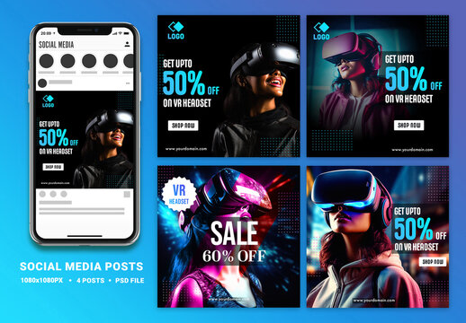 Virtual Reality Headset Sale Social Media Square Posts Set with Smartphone Mockup for Advertisement.
