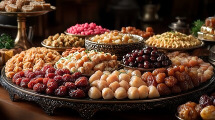 A luxurious festive table showcasing a finely crafted dish filled with an assortment of sweets and dates