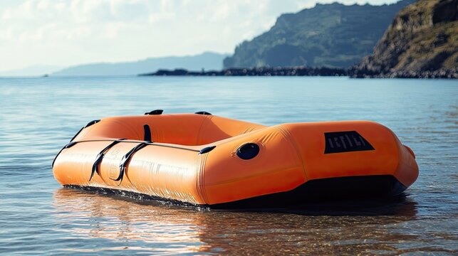 Bright Orange Inflatable Boat Floating Gently on Calm Lake Waters