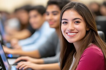 A smiling young woman sits in front of a computer, surrounded by peers in a classroom setting, conveying a sense of engagement and learning.