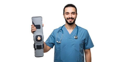 Doctor Holding Knee Brace Medical Support Device