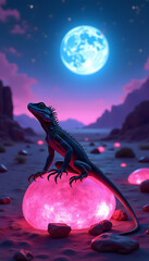 Lizard on glowing pink orb under blue moonlight in neon sky