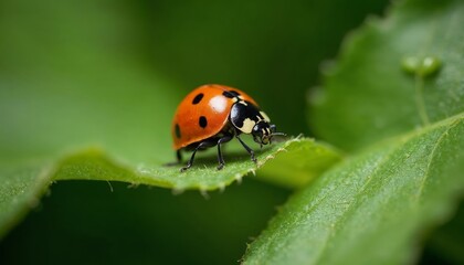 Obraz premium Macro shot of a ladybug perched delicately on a vibrant green leaf