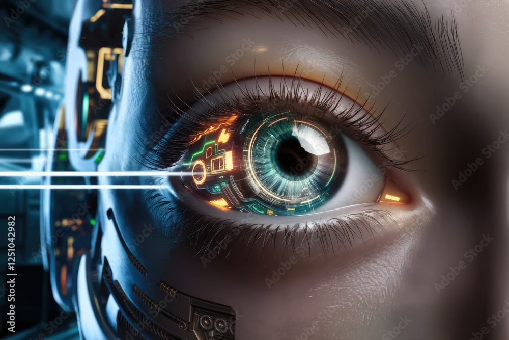 Poster a close-up of a futuristic eye with integrated technology, showcasing advanced cybernetic enhancemen