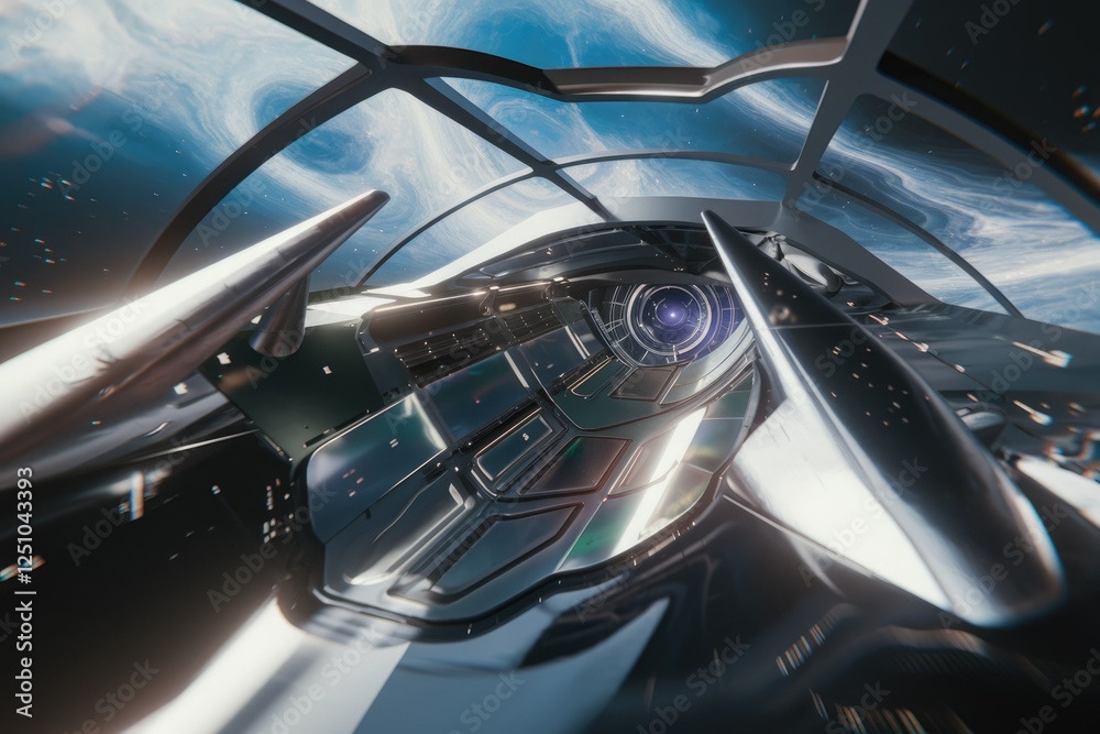 Poster futuristic spaceship interior view showcasing sleek design and advanced technology during space trav