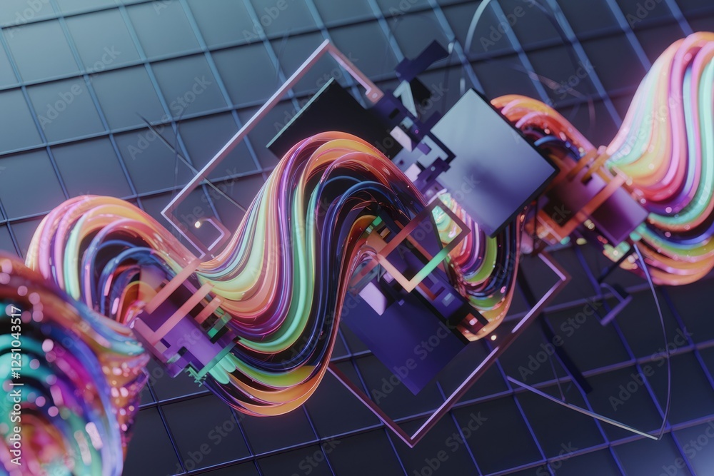 Poster abstract 3d rendering of vibrant rainbow colored ribbons swirling through geometric shapes.