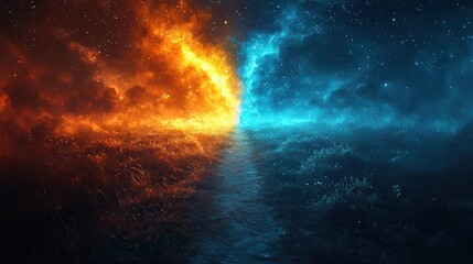 Fototapeta premium A surreal landscape divided by fiery orange and cool blue skies.