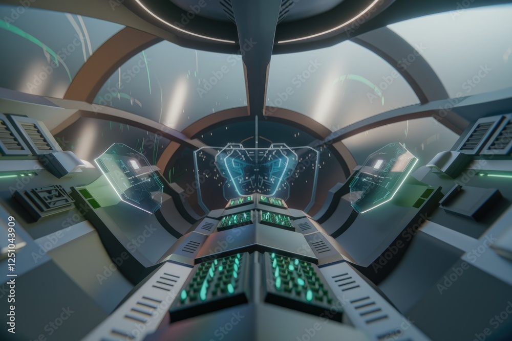 Poster Futuristic spaceship bridge with holographic displays and advanced technology.