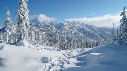 Fototapeta premium Winter Wonderland: Snow-covered Mountains and Forest on a Sunny Day