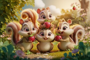 Naklejka premium Four adorable chipmunk friends gather together in a sunny forest, each holding a red apple.