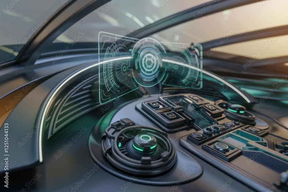 Poster futuristic vehicle cockpit with holographic displays and advanced control panel showcasing cutting-e