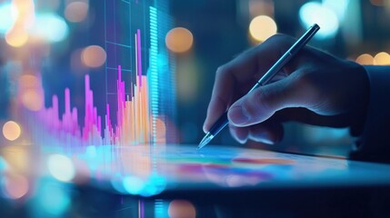 A professional analyzing financial data on a digital tablet, showcasing vibrant colorful graphs and charts in a modern office setting
