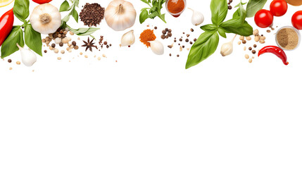Culinary Herbs and Spices Border for Food Bloggers and Chefs Overhead View of Fresh Basil Garlic Peppercorns Chili Peppers and Tomatoes on Black Background