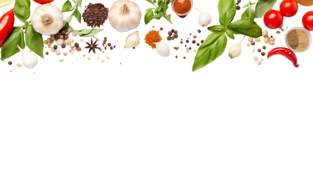 Culinary Herbs and Spices Border for Food Bloggers and Chefs Overhead View of Fresh Basil Garlic Peppercorns Chili Peppers and Tomatoes on Black Background