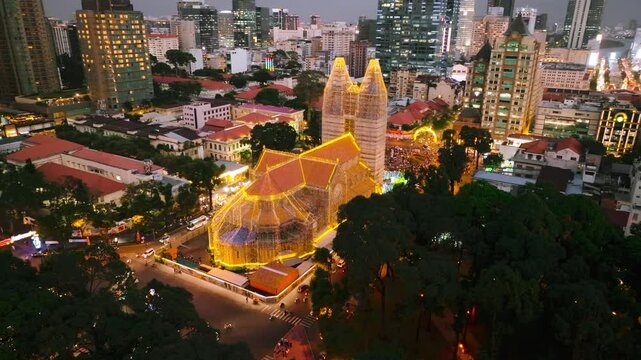 Notre Dame Cathedral Saigon: Illuminated Drone Aerials, Duc Ba Church