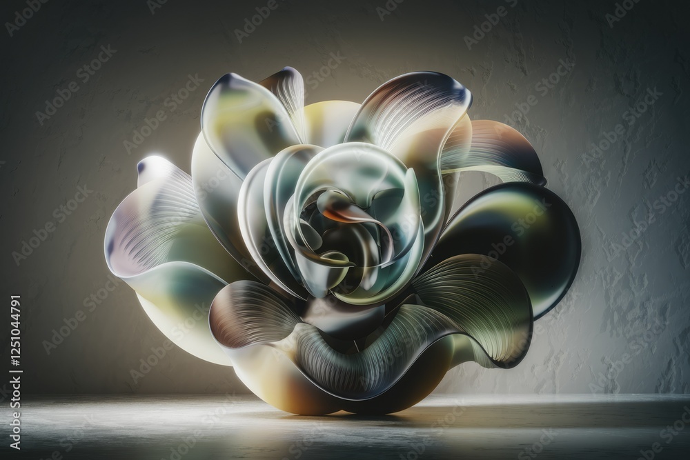 Poster Abstract 3D rendering of a flower-like structure with iridescent, flowing petals.